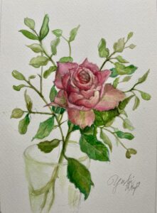 ピンクの薔薇の花の水彩画です。